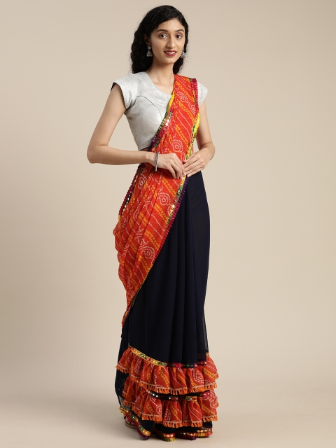 

VASTRANAND Navy Blue & Orange Pure Georgette Printed Bandhani Saree