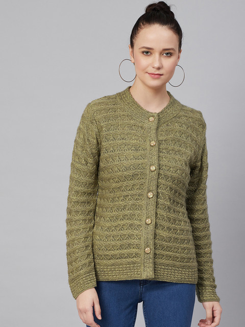 

Cayman Women Olive Green Open Knit Woollen Cardigan
