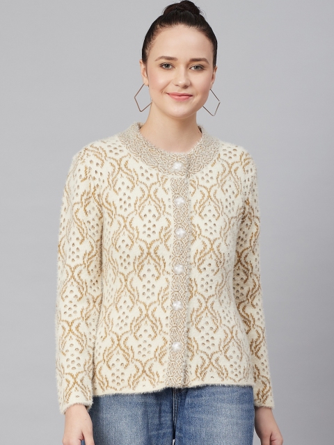 

Cayman Women White & Beige Open Knit Fuzzy Woollen Cardigan