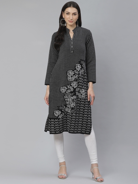 

Cayman Women Black & Grey Woven Design Straight Kurta