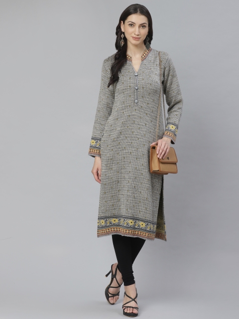 

Cayman Women Grey Melange & Yellow Woven Design Woollen Kurta