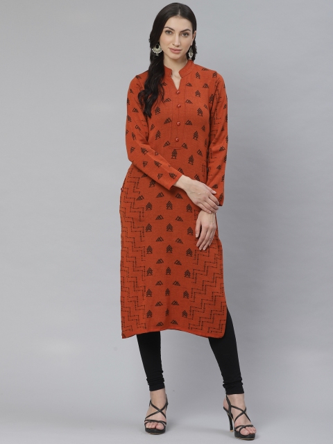 

Cayman Women Rust Orange & Black Woven Design Straight Kurta