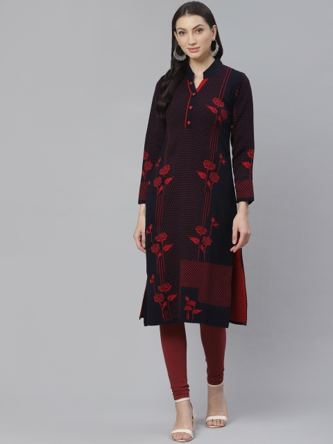 

Cayman Women Navy Blue & Red Woven Design Straight Kurta