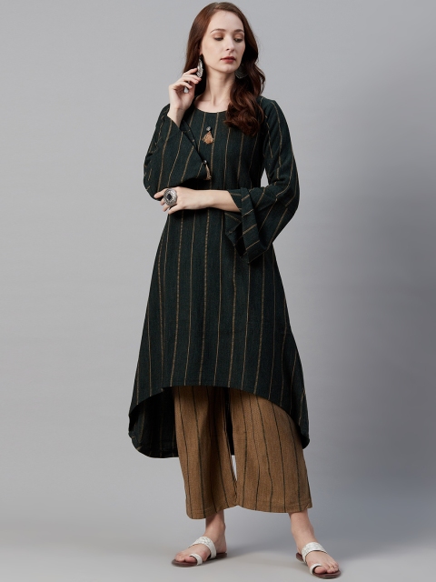 

Cayman Women Green & Brown Striped Kurta with Trousers