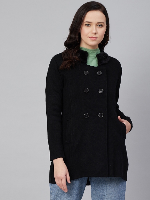 

Cayman Women Black Double-Breasted Solid Overcoat
