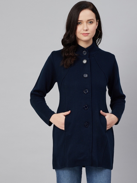 

Cayman Women Navy Single-Breasted Solid Overcoat, Navy blue
