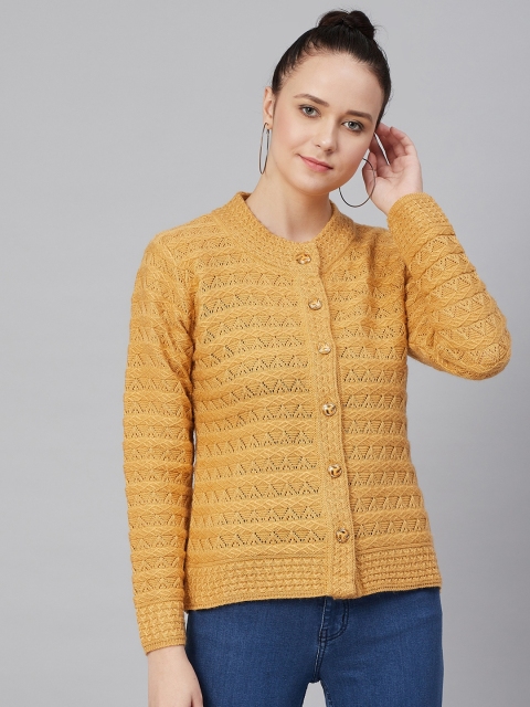 

Cayman Women Mustard Yellow Open Knit Woollen Cardigan