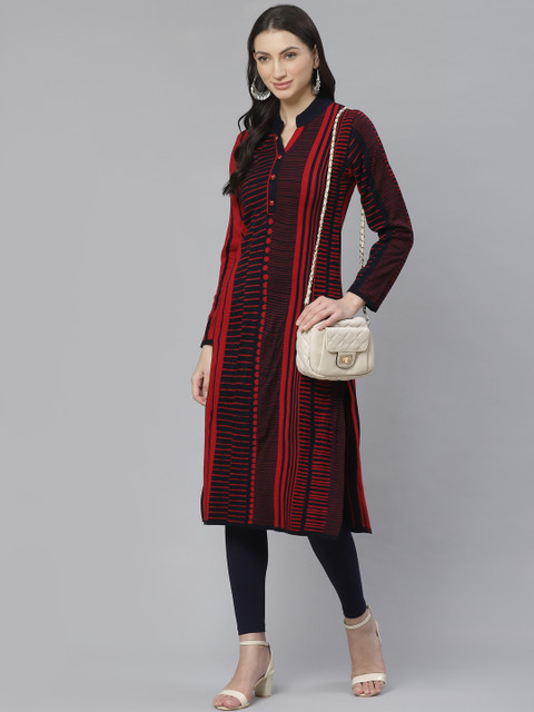 

Cayman Women Red & Navy Blue Woven Design Straight Kurta