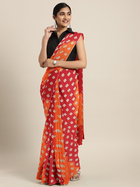 

KALINI Red & Orange Poly Chiffon Printed Bandhani Saree