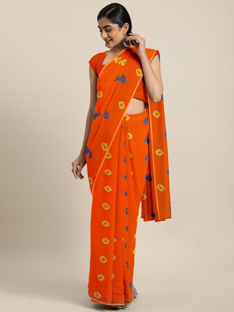 

KALINI Orange & Blue Pure Georgette Printed Bandhani Saree