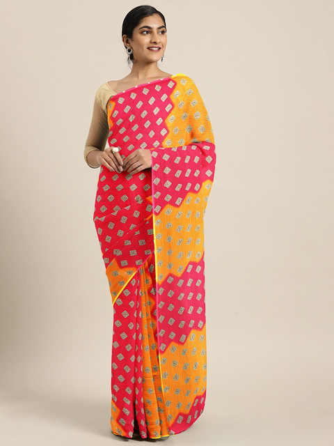 

KALINI Pink & Yellow Poly Chiffon Printed Bandhani Saree