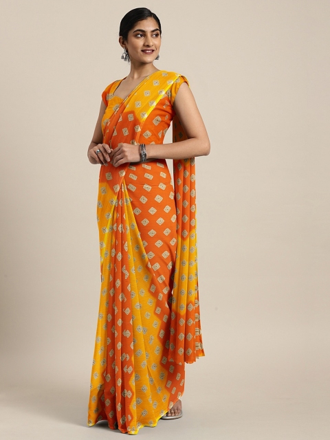 

KALINI Orange & Yellow Poly Chiffon Printed Bandhani Saree