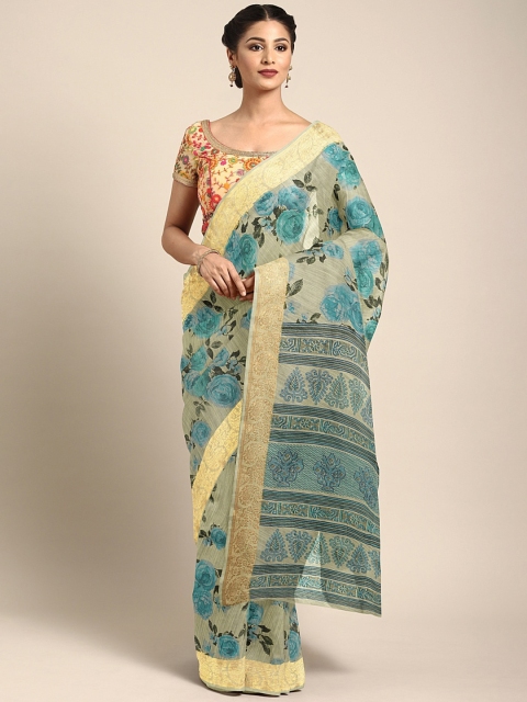 

KALINI Cream-Coloured & Turquoise Blue Pure Linen Printed Saree