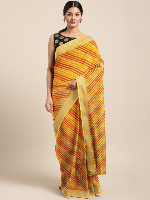 

KALINI Mustard Yellow & Orange Pure Linen Printed Leheriya Celebrity Saree