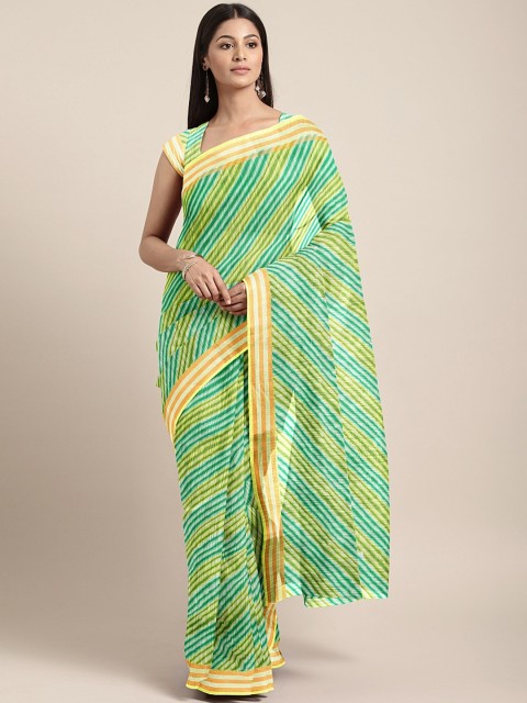 

KALINI Lime Green & White Pure Linen Printed Leheriya Saree
