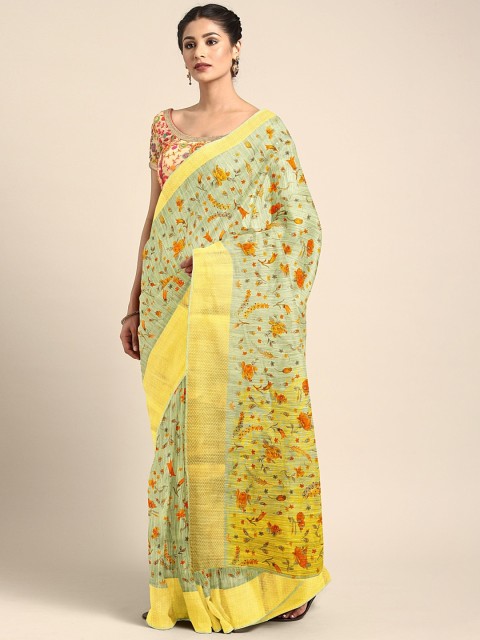 

KALINI Orange & Olive Green Pure Linen Printed Saree