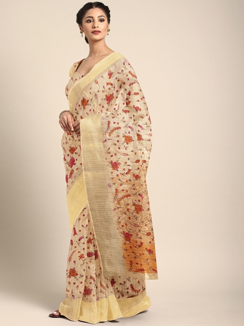 

KALINI Beige & Pink Pure Linen Printed Saree