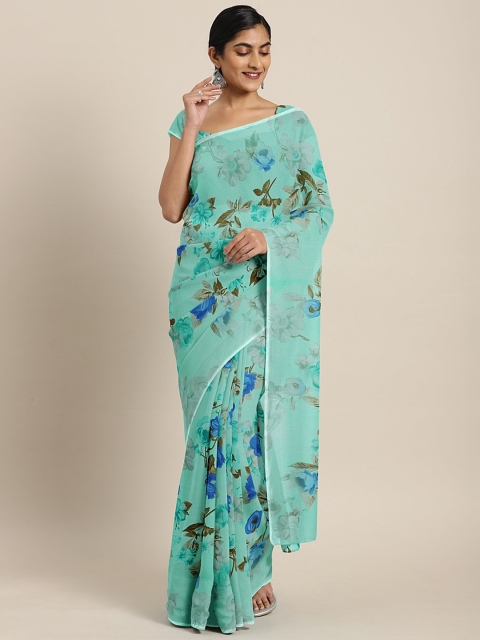 

KALINI Sea Green & Blue Pure Georgette Floral Printed Celebrity Saree