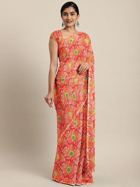 

KALINI Orange & Green Pure Georgette Floral Printed Saree