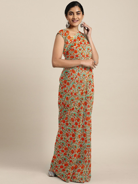 

KALINI Red & Beige Pure Georgette Floral Printed Celebrity Saree