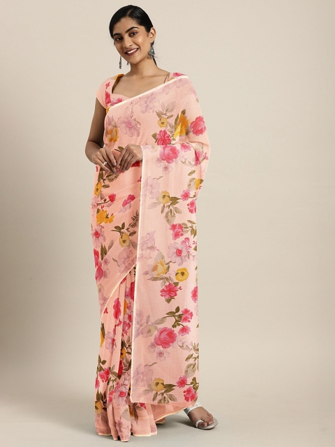 

KALINI Peach-Coloured & Pink Pure Georgette Floral Printed Celebrity Saree