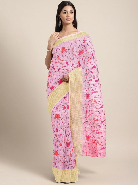 

KALINI Pink Floral Printed Pure Linen Saree