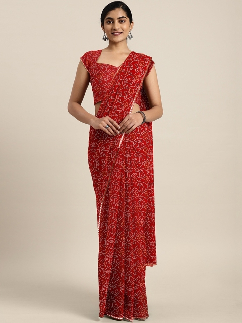 

KALINI Red & White Pure Georgette Printed Bandhani Saree