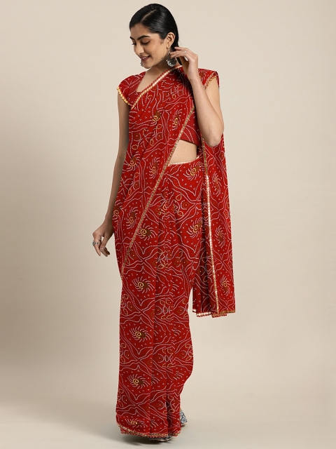 

KALINI Red & White Pure Georgette Printed Bandhani Saree