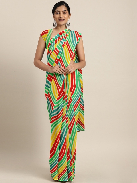 

KALINI Green & Yellow Poly Chiffon Striped Leheriya Saree