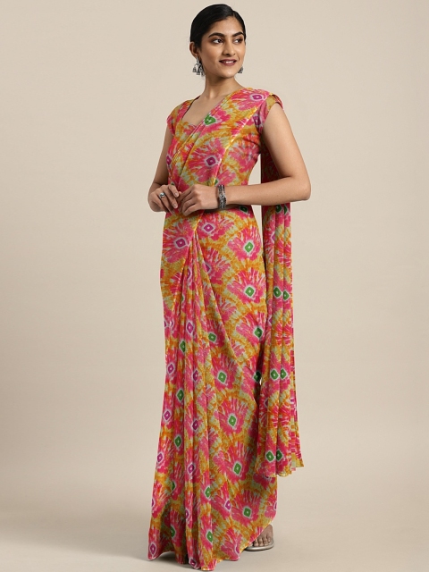 

KALINI Mustard Yellow & Pink Pure Chiffon Printed Bandhani Saree