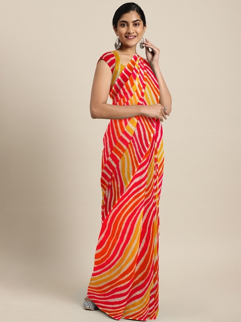 

KALINI Pink & Mustard Yellow Poly Chiffon Printed Leheriya Celebrity Saree