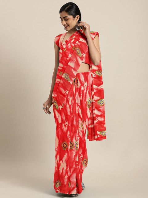 

KALINI Red & Off-White Poly Chiffon Printed Bandhani Saree