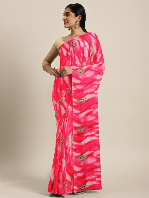 

KALINI Rose & White Poly Chiffon Printed Bandhani Saree