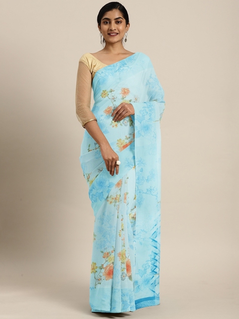 

KALINI Blue Floral Printed Jute Cotton Saree