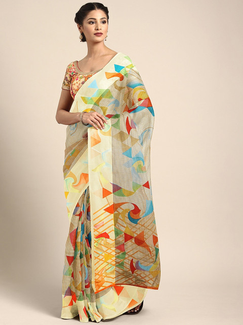 

KALINI Multicoloured Printed Jute Cotton Saree, Multi
