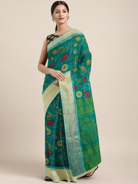 

KALINI Teal Blue & Yellow Pure Linen Printed Saree