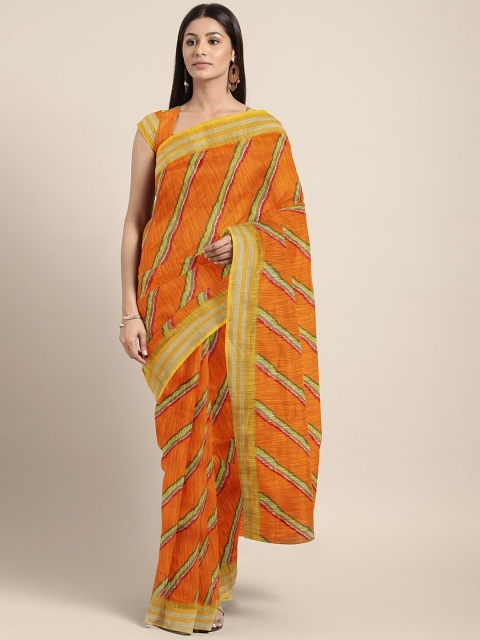 

KALINI Orange & Yellow Pure Linen Printed Leheriya Saree
