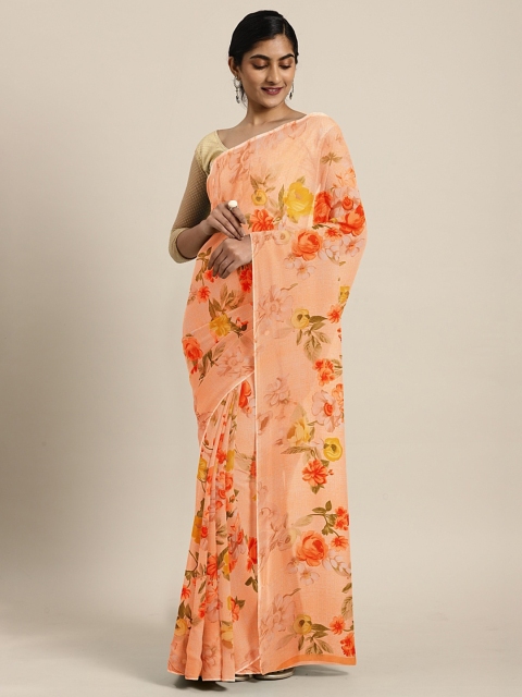 

KALINI Peach-Coloured & Beige Pure Georgette Printed Saree