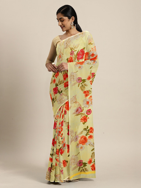 

KALINI Yellow & Orange Pure Georgette Floral Printed Saree