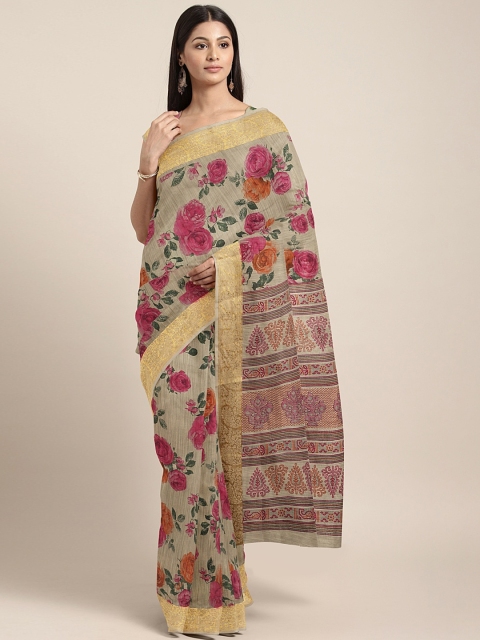 

KALINI Beige & Pink Pure Linen Floral Printed Saree