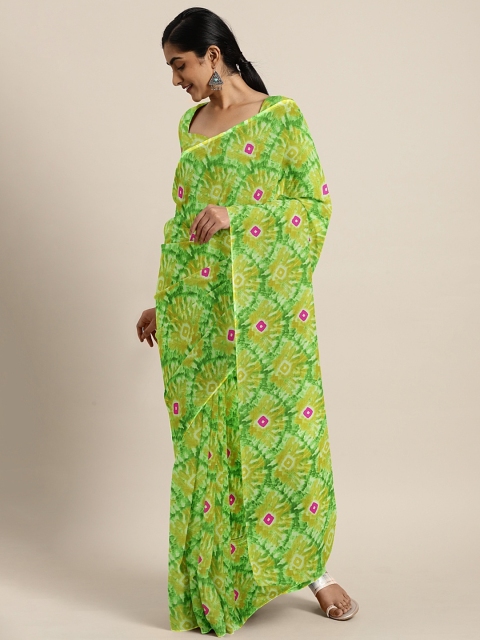 

KALINI Green & Pink Pure Chiffon Printed Bandhani Saree