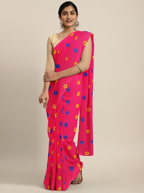

KALINI Pink & Blue Pure Georgette Printed Bandhani Saree