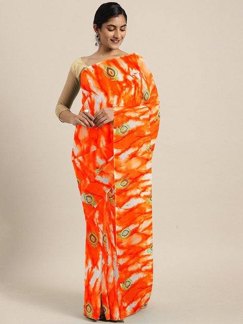 

KALINI Orange & White Poly Chiffon Printed Bandhani Saree