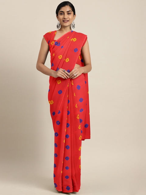 

KALINI Coral Red & Blue Pure Georgette Printed Bandhani Saree