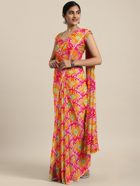 

KALINI Orange & Pink Pure Chiffon Printed Bandhani Saree