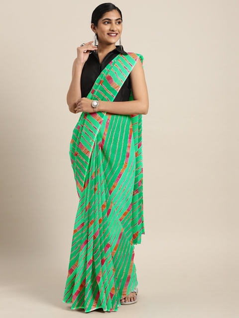 

KALINI Green & Pink Pure Georgette Printed Leheriya Saree