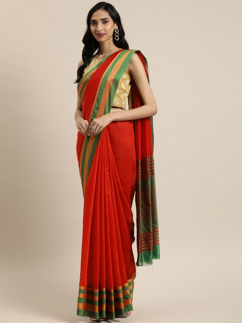 

Mitera Red Solid Cotton Blend Saree