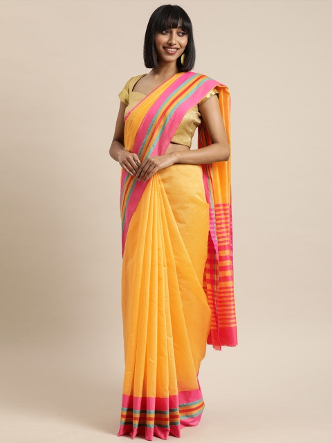 

Mitera Mustard Yellow & Pink Cotton Blend Solid Saree
