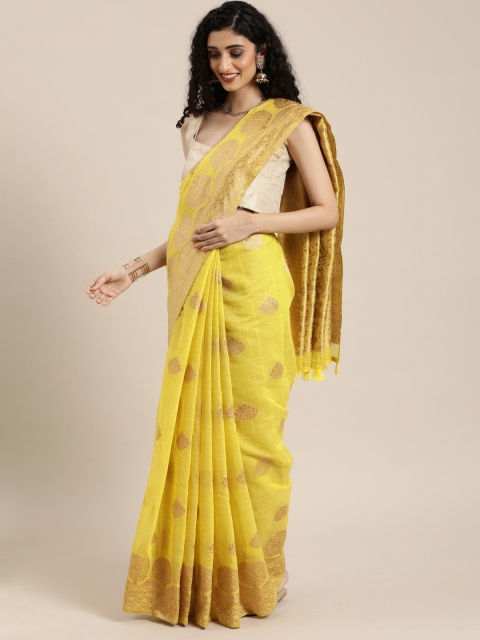 

Mitera Yellow & Golden Cotton Blend Woven Design Saree