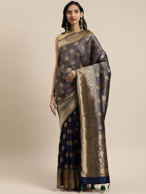 

Mitera Navy Blue & Gold-Toned Silk Blend Woven Design Saree